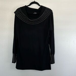 EUC Questions Black Silver Studded Cowl Neck Tunic Top sz XL